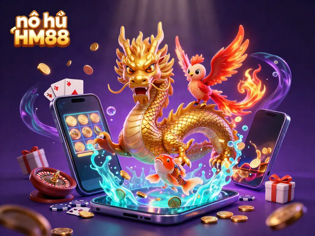 Engage with nổ hũ HM88 as a golden dragon and phoenix deliver a jackpot experience surrounded by exciting gaming elements.