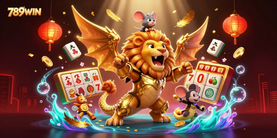 Engage with thrilling games at 789WIN as golden chimera roars amidst vibrant casino elements.