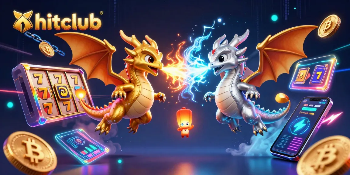 Hitclub offers engaging online gaming experiences with vibrant dragons, slot machine elements, and crypto coins.