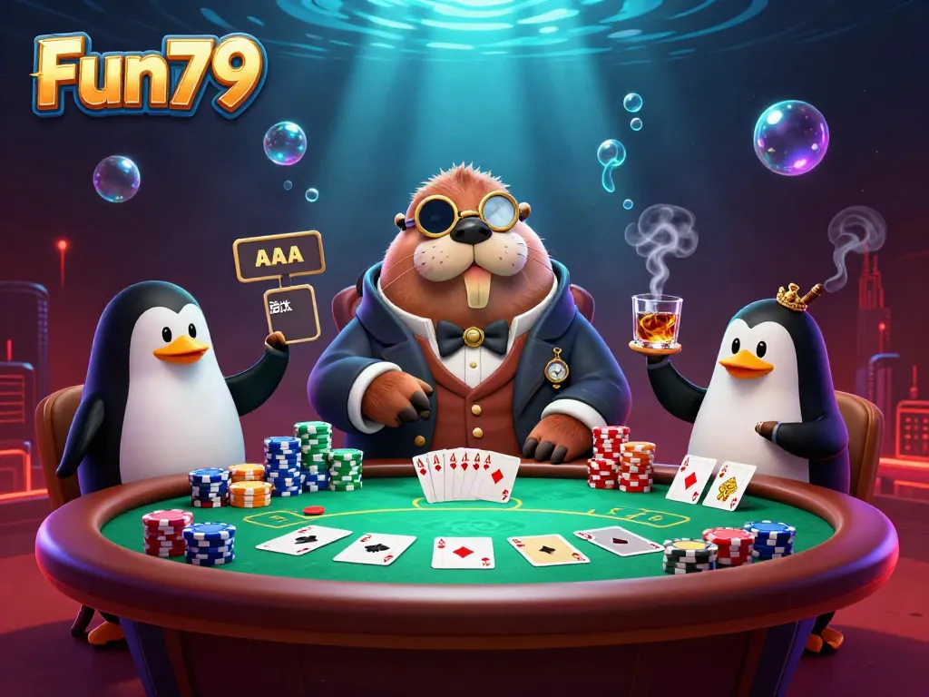 Fun79 showcases a jolly walrus and dealer penguin at an underwater poker table, bluffing and surrounded by vibrant casino elements.