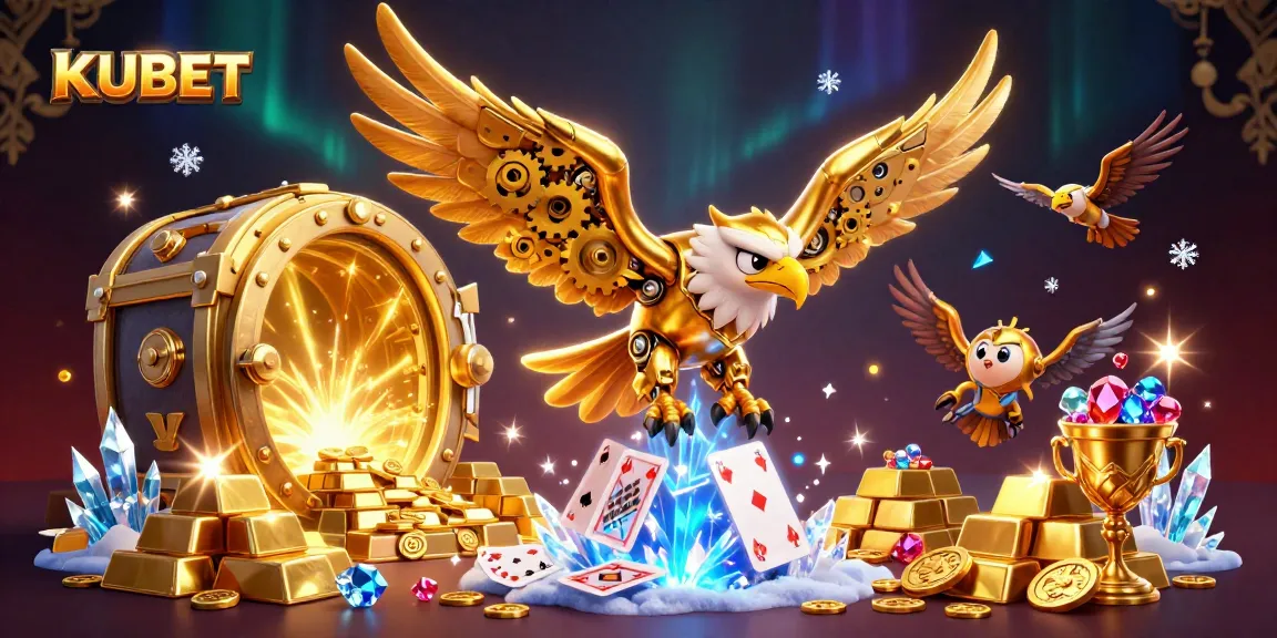 KUBET features a golden eagle soaring through cascading holographic cards amidst treasures, embodying online gaming excitement.