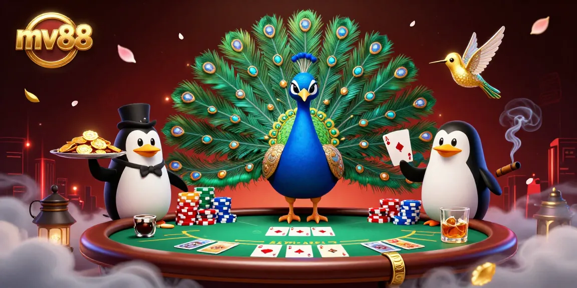 Experience winning with mv88 as vibrant peacock, butler penguin, and tiny hummingbird illuminate a bustling poker scene.