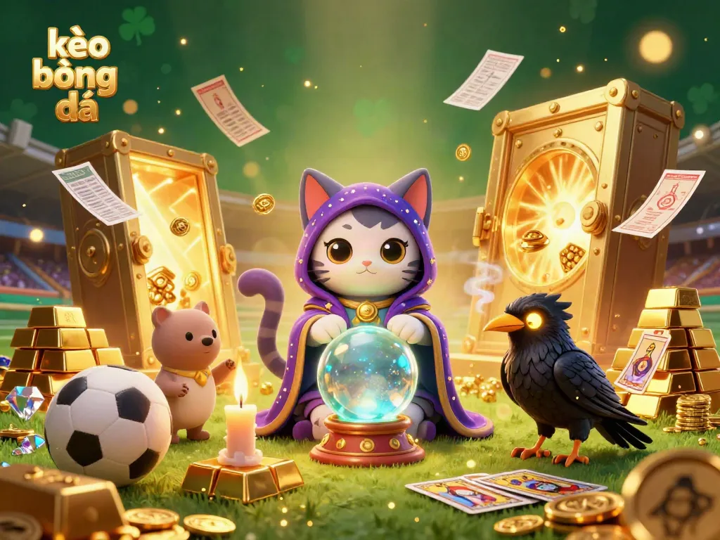 Experience high-stakes kèo bóng đá with mystical fortune tellers and sports elements in vibrant 3D.