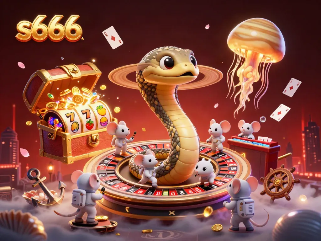 Immersive gaming with s666 featuring a Saturn ring snake roulette wheel, surrounded by vibrant casino elements.
