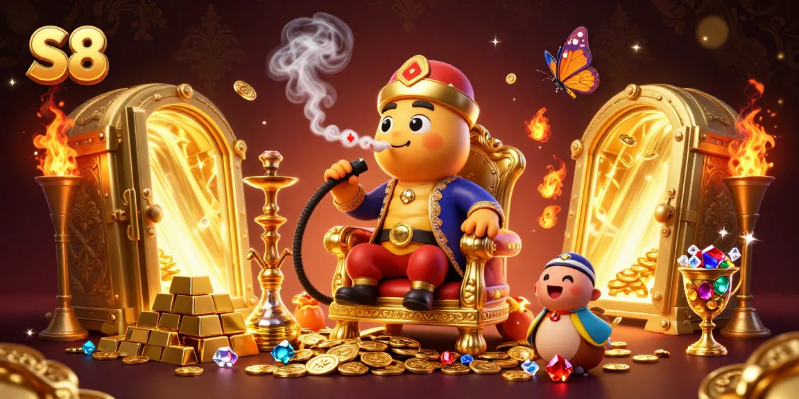 Experience the thrill of S8 gambling with a rich 3D casino scene filled with vibrant poker symbols.
