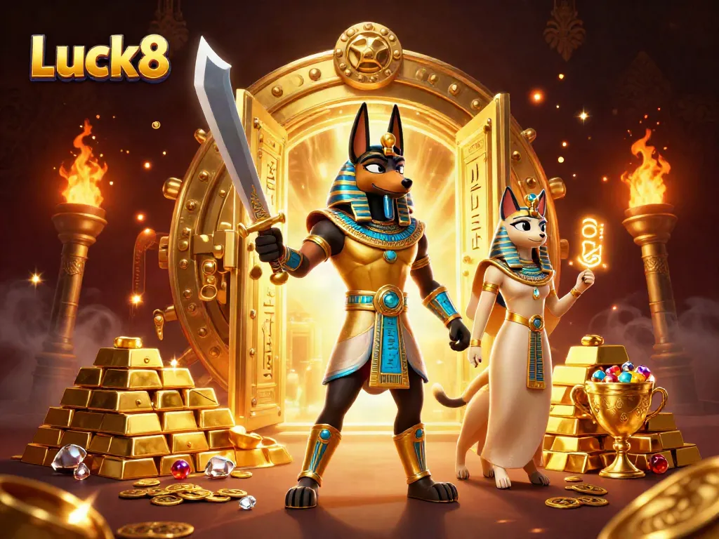 Experience Luck8's captivating world with Anubis and Bastet amidst a treasure-filled casino adventure.