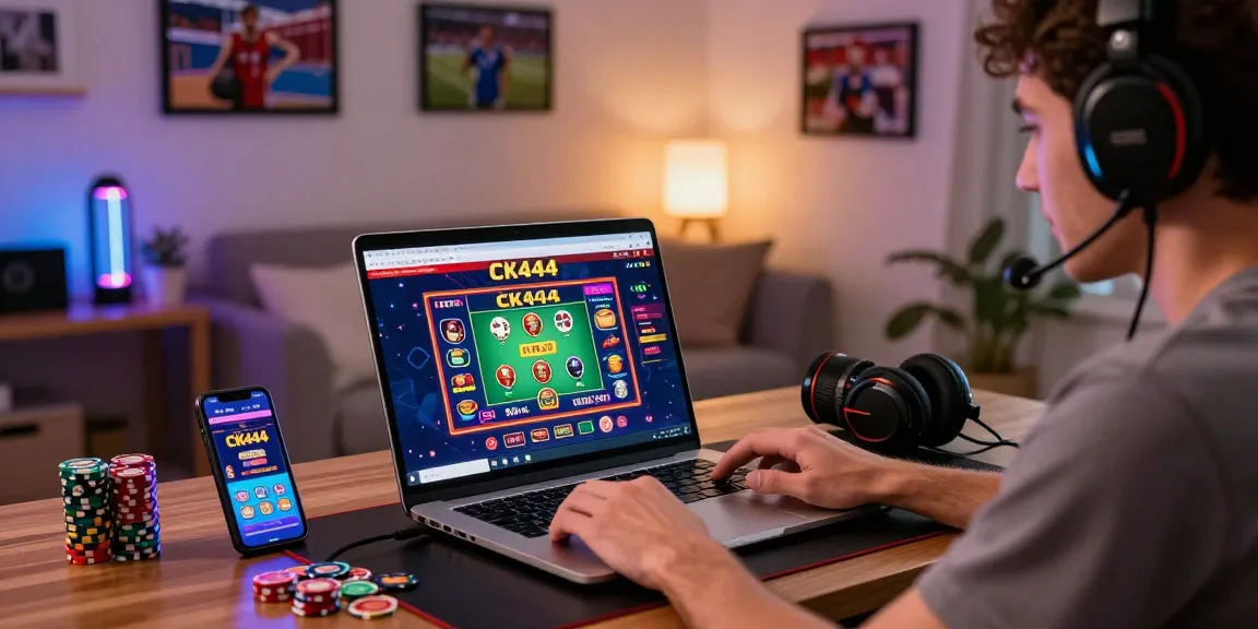 Excited player engaging with CK444 online betting platform, showcasing laptop with casino graphics and gaming accessories in a vibrant home setup.
