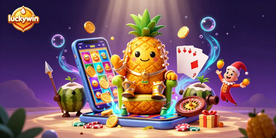 Join the luck of luckywin with golden pineapple king character amidst vibrant casino elements.