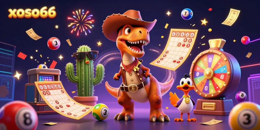 This vibrant xoso66 illustration showcases a dynamic lottery scene with fun characters and gaming elements.