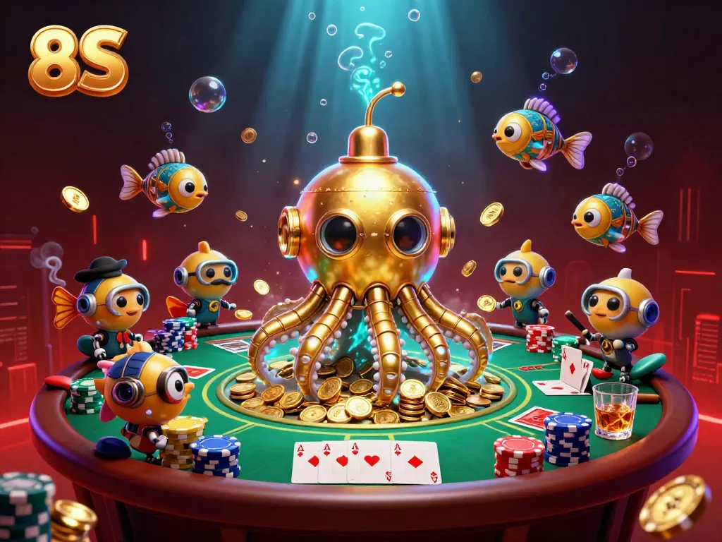 Experience thrilling gameplay in the vibrant world of 8S gaming, featuring a golden kraken submarine with poker elements.