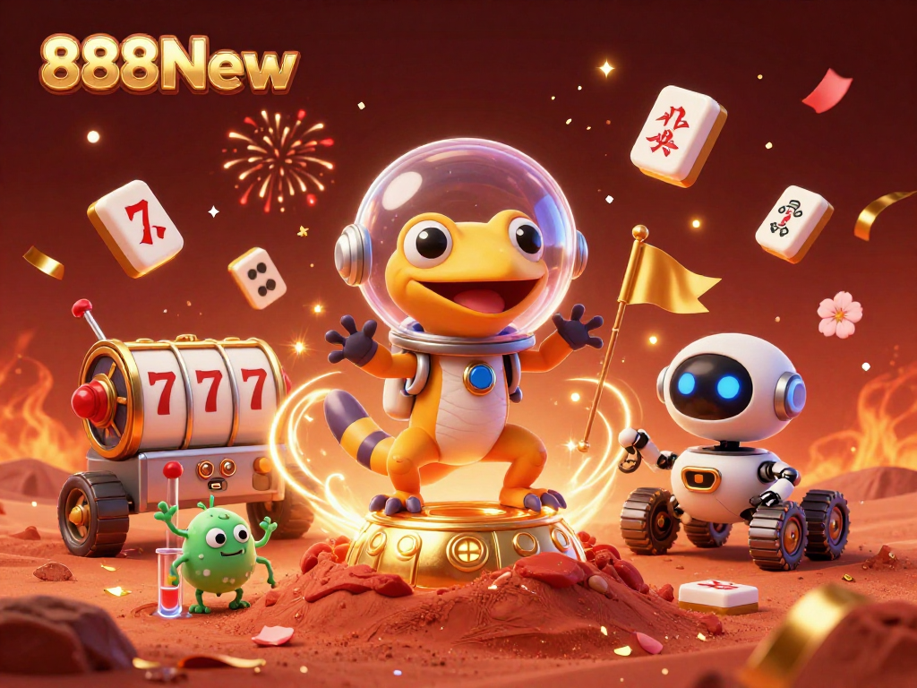 Test your luck with 888New as a Martian gecko explores a golden casino revealing vibrant gaming elements.