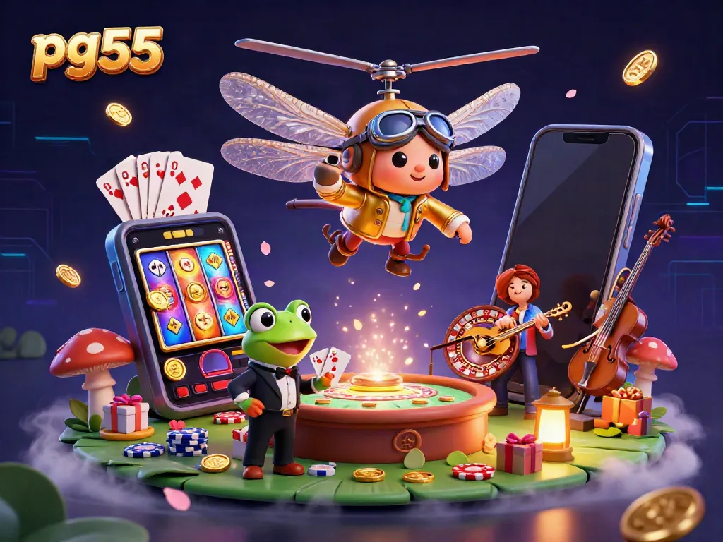 Engage in exciting card dealing at pg55's vibrant lily pad casino with animated characters.