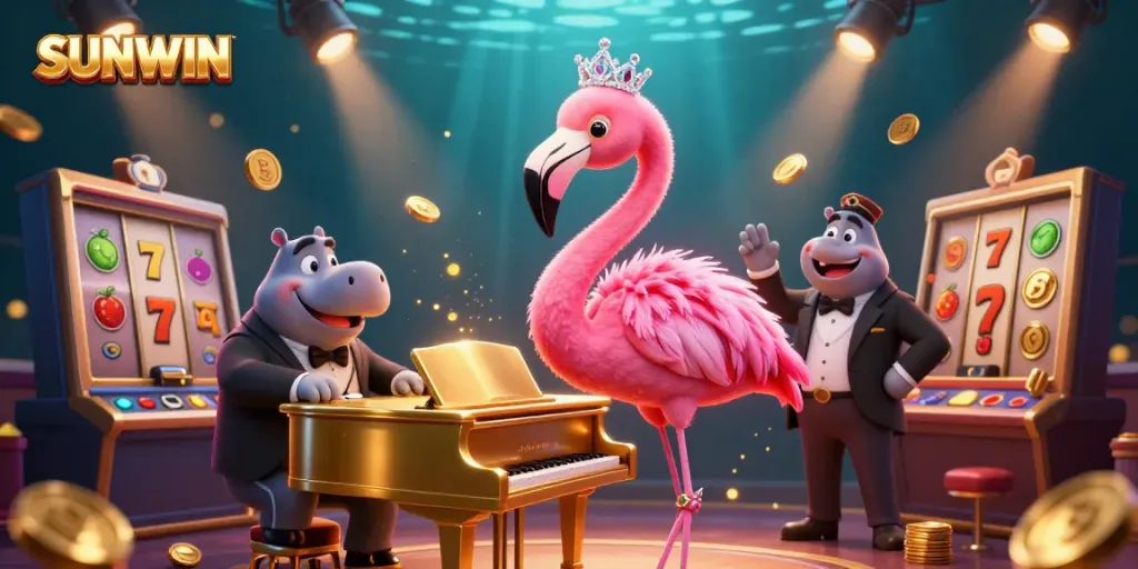 SUNWIN team at the casino with vibrant characters, slot elements, and dynamic light effects