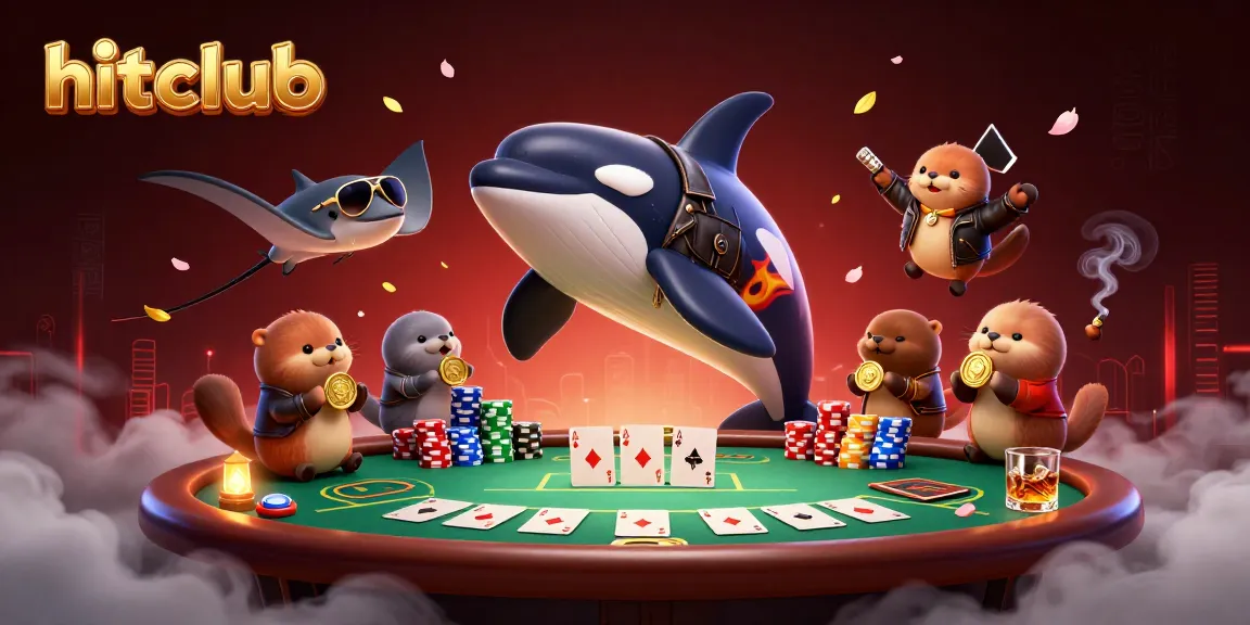 Hitclub showcases vibrant 3D cartoon characters celebrating with golden coins and poker elements.