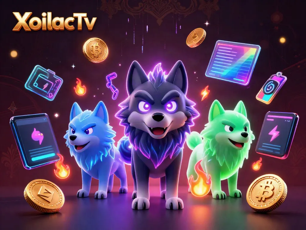 Experience thrilling online betting with XoilacTv's vibrant 3D illustration featuring wolves and crypto elements.