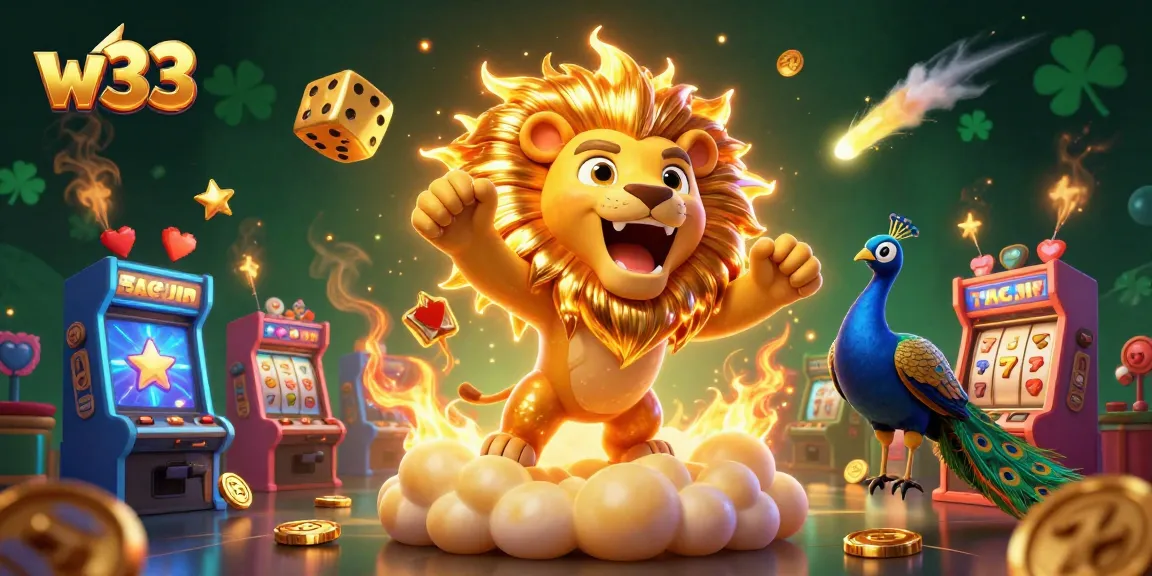 Spin and win at w33 Casino with our energetic 3D illustration of a sun lion and golden dice.