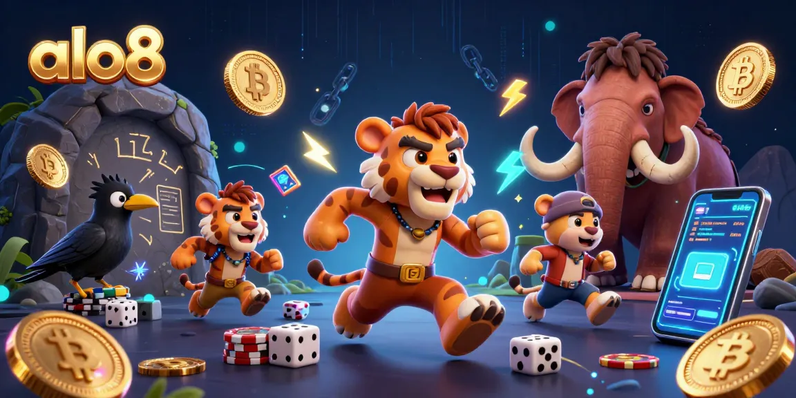 Alo8 casino features a vibrant prehistoric scene with characters enjoying exciting games amidst Bitcoin and Ethereum accents.