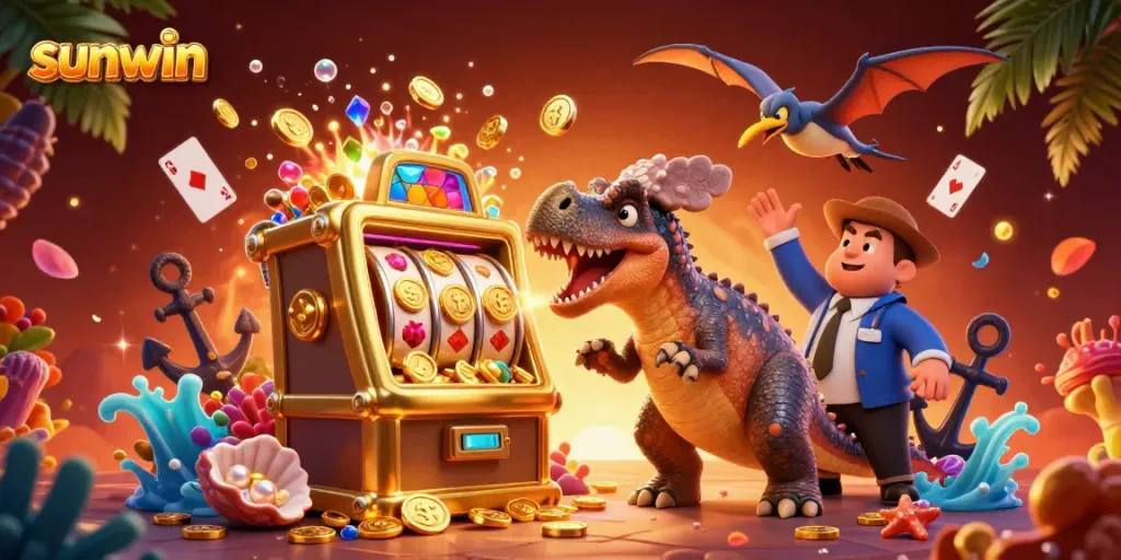 Experience jackpot thrills at Sunwin as a dinosaur wins big at a golden slot machine.