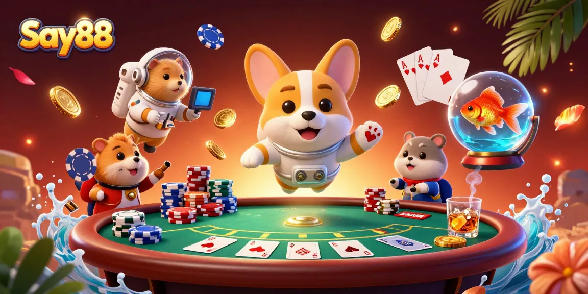 Experience the thrill of gambling at Say88 with an astronaut corgi and vibrant casino elements.