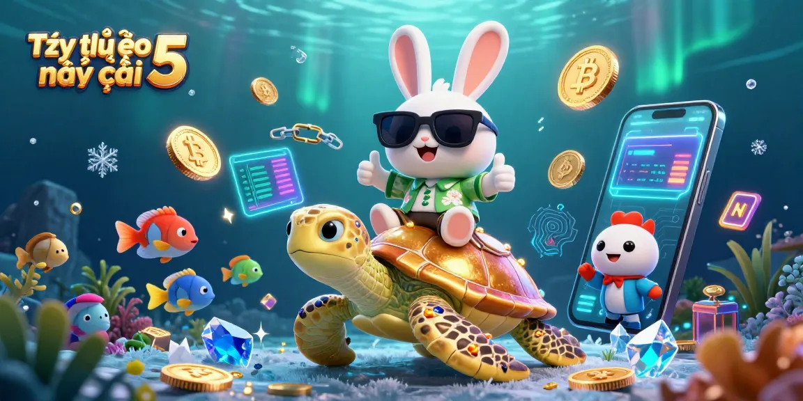 Tỷ lệ kèo nhà cái 5 showcases a lucky rabbit on a golden sea turtle, immersed in vibrant underwater crypto elements.