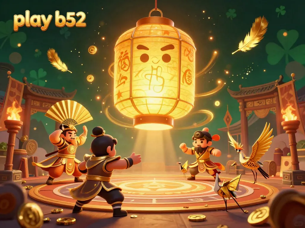 Experience the thrill of play b52 with a vibrant casino scene featuring golden characters and lucky symbols.