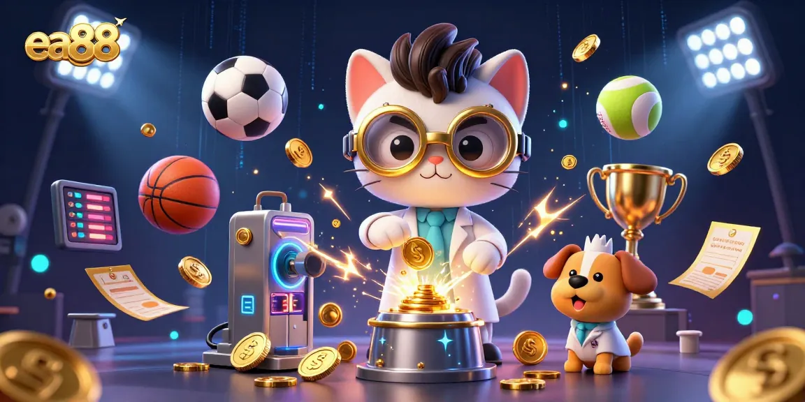 ea88 gamblers embrace excitement with a mad scientist cat and golden betting elements.