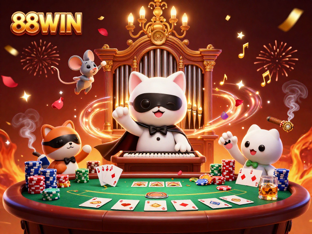 Engage in thrilling moments at 88WIN with a vibrant casino scene featuring dynamic characters and poker elements.