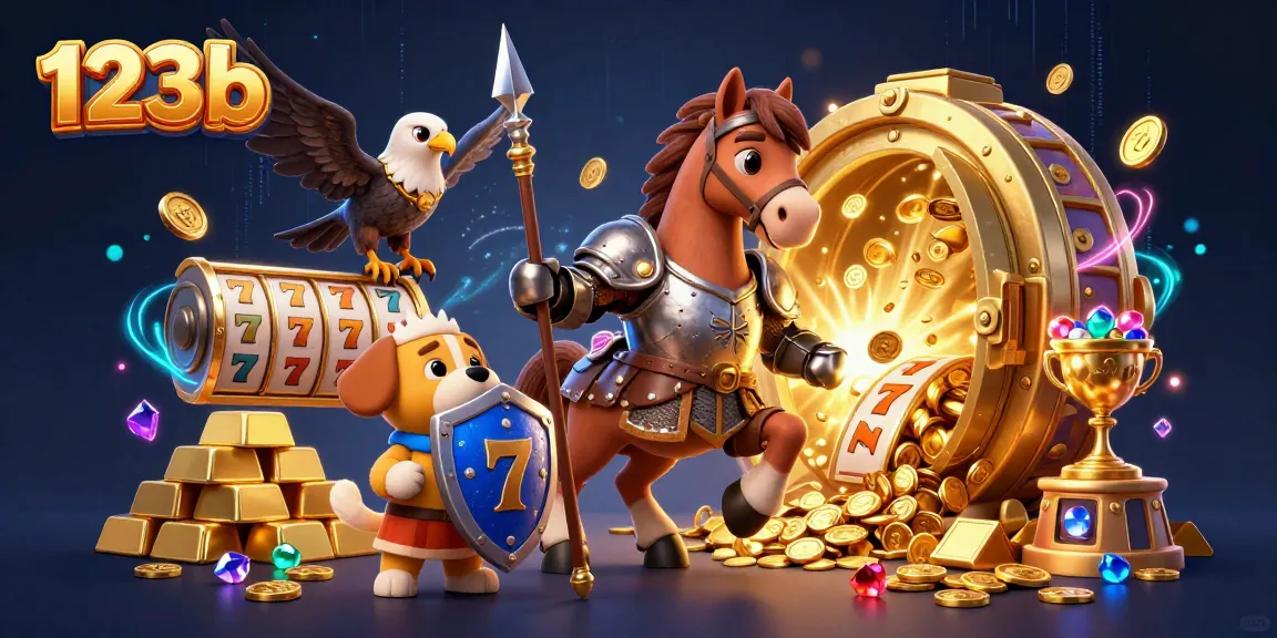 Spin and win at 123b with a colorful 3D casino-themed scene featuring knights, treasures, and dynamic game elements.