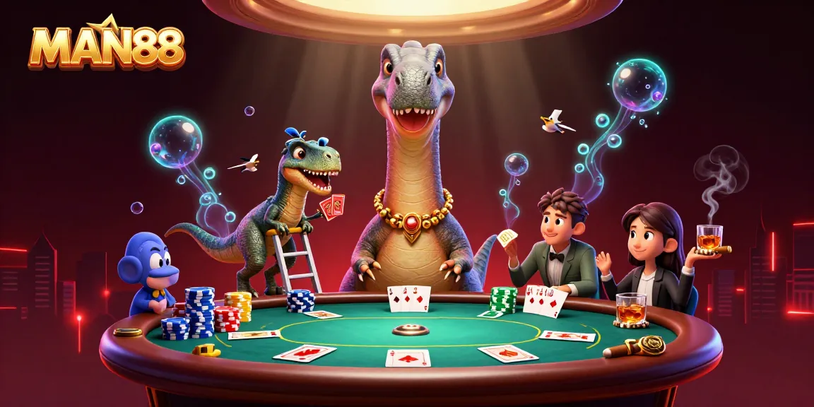 Engage with MAN88's thrilling poker adventure featuring vibrant characters and casino elements.