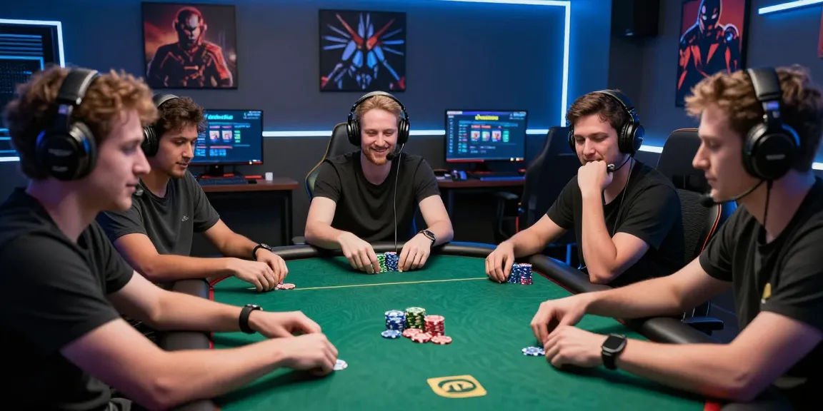 Dewapoker online poker players engaging in a virtual game with high-tech equipment and a dynamic gaming environment.