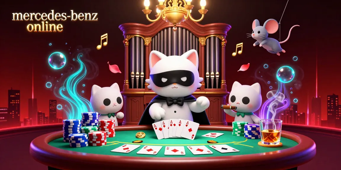 Play in a vibrant casino scene featuring "mercedes-benz online" with a dynamic poker table and colorful poker chips.