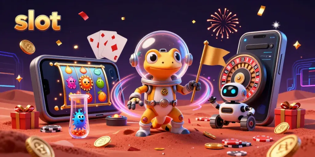 Experience thrilling slot adventures with a Martian gecko in a colorful casino scene.