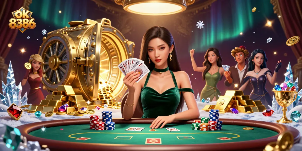 Experience thrilling gameplay at ok 8386 with a beautiful Asian dealer showcasing her cards at a luxury poker table.
