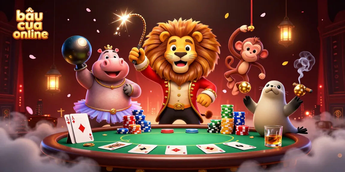 Engage in bầu cua online gameplay with intricate visuals and vibrant characters at a lively gaming table.