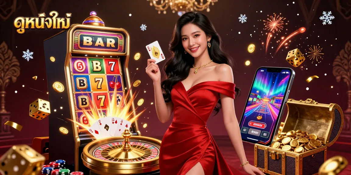Experience ดูหนังใหม่ with a captivating scene of a glamorous woman holding a card, amidst vibrant casino elements.