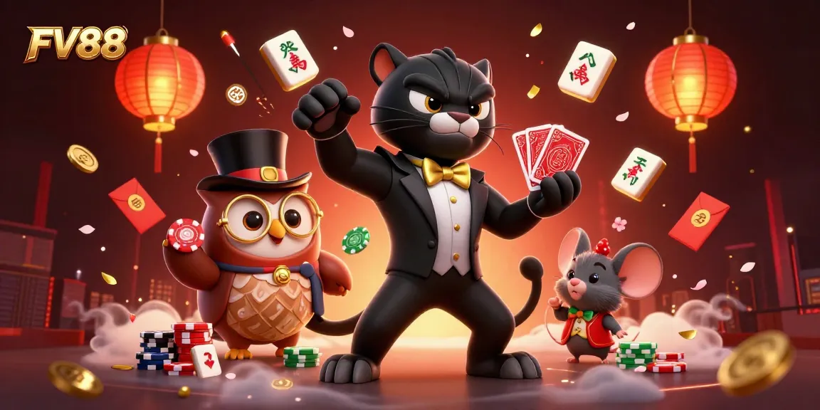 Experience excitement at FV88, featuring a stylish panther dealer with poker chips, rich casino elements.