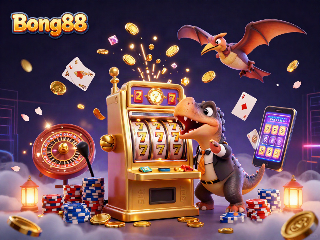 Bong88 slot machine victory as a dinosaur headbutts for jackpot coins in casino chaos