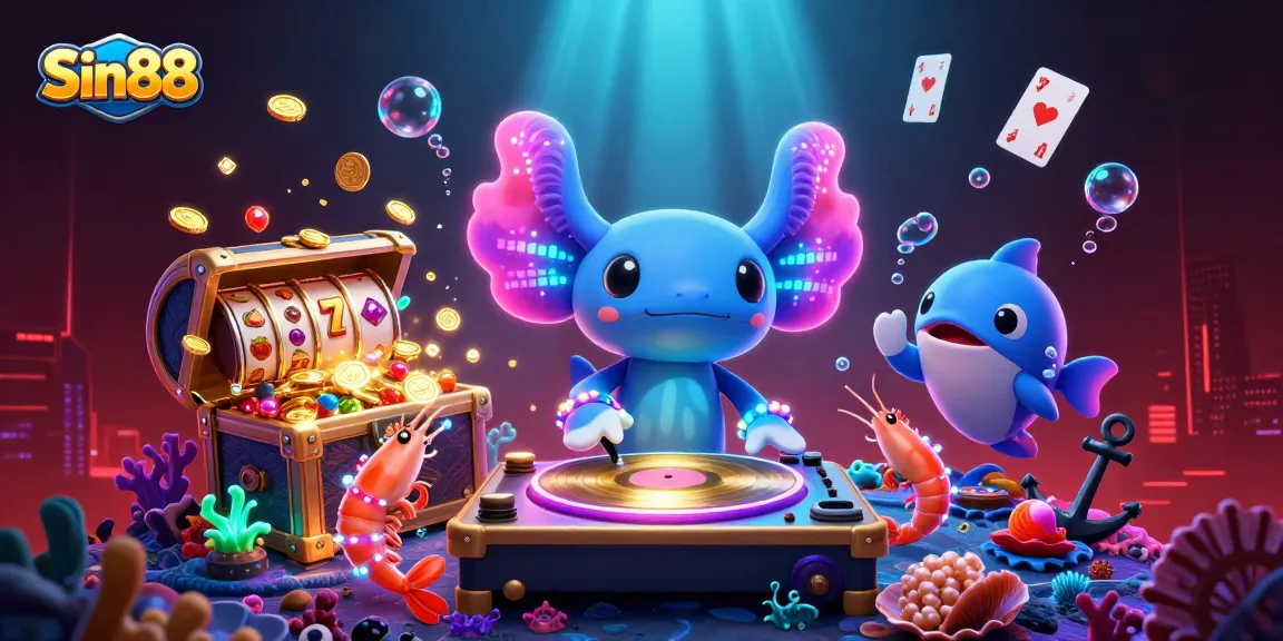Sin88 showcases an exciting undersea DJ party with vibrant casino elements, bursting with energy.