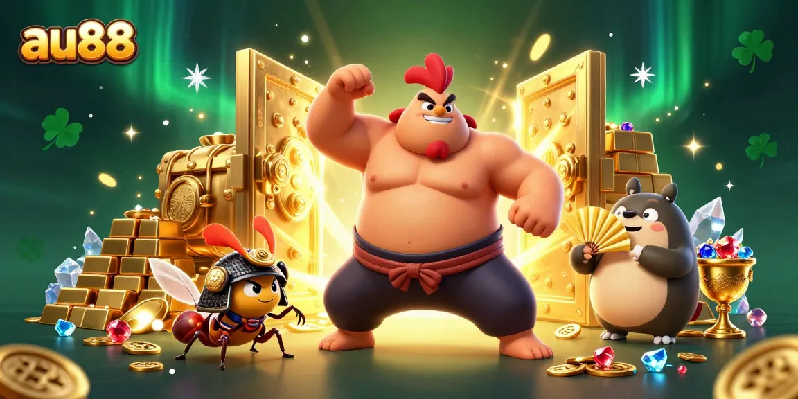 Spin the reels with AU88's exciting atmosphere as a sumo wrestler rooster and samurai cricket celebrate winnings.