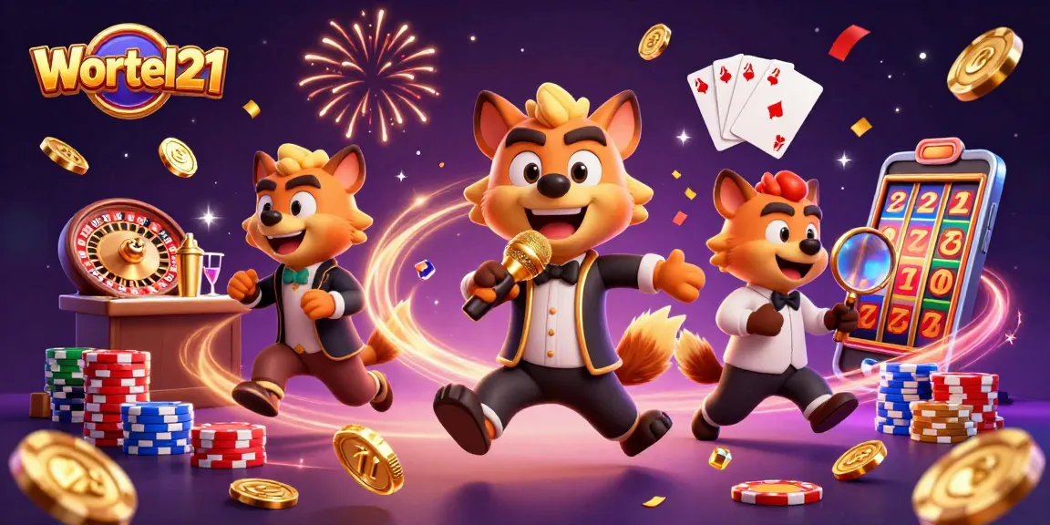 Wortel21 hyenas entertain at a vibrant casino with golden coins and colorful chips.