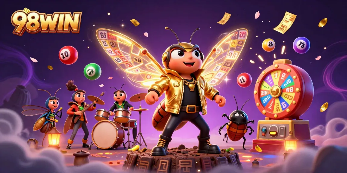 Engage with the lively 98WIN online gaming scene featuring animated characters and vibrant gambling elements.