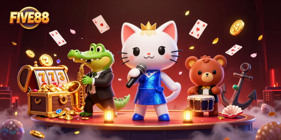 FIVE88 captures the excitement of online gaming with lively characters on a casino stage.