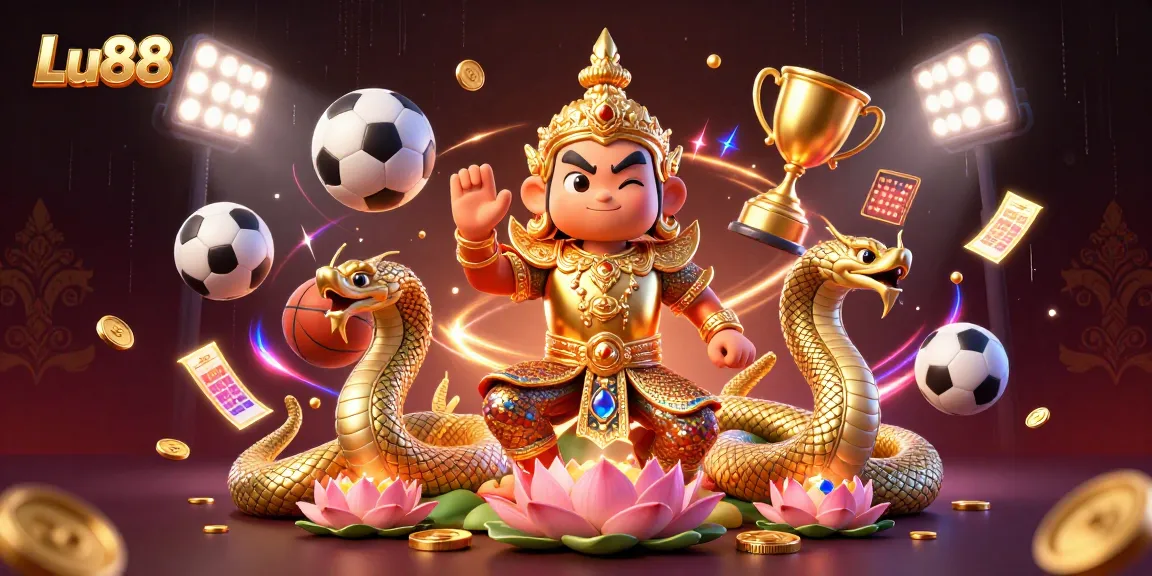 Lu88 offers an exciting sports betting experience, highlighted by golden trophies and dynamic sports elements.