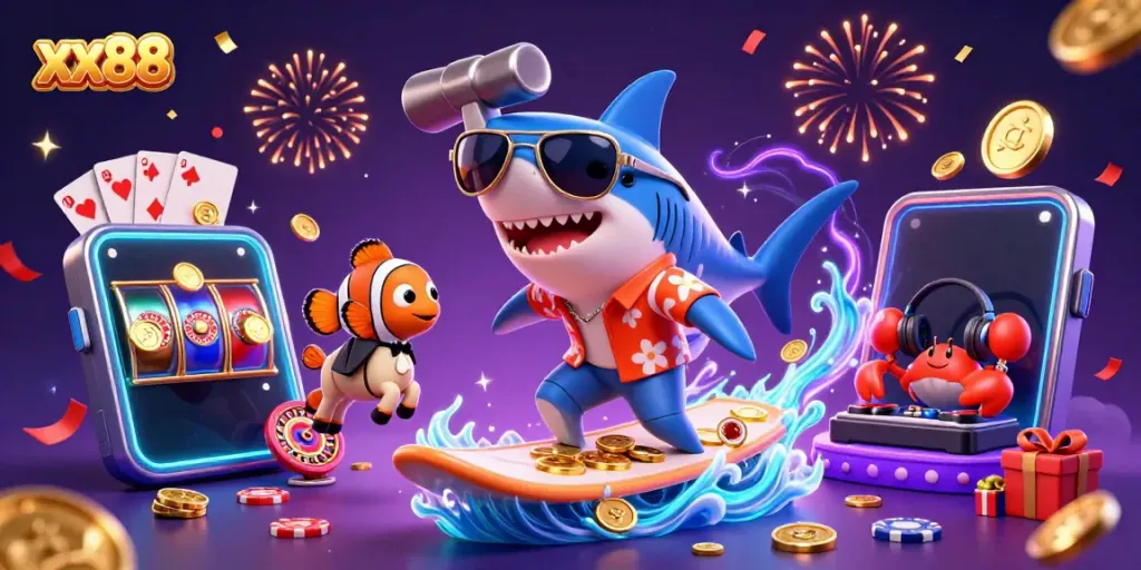 Experience winning strategies with xx88 as the 3D shark navigates a sea of casino games and excitement.