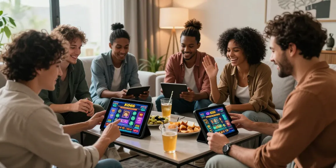 Friends enjoying KO66 casino games on a tablet in a cozy living room.
