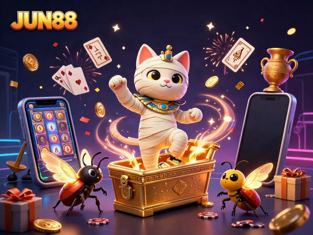 Experience winning at JUN88 with an exciting cartoon mummy and casino elements