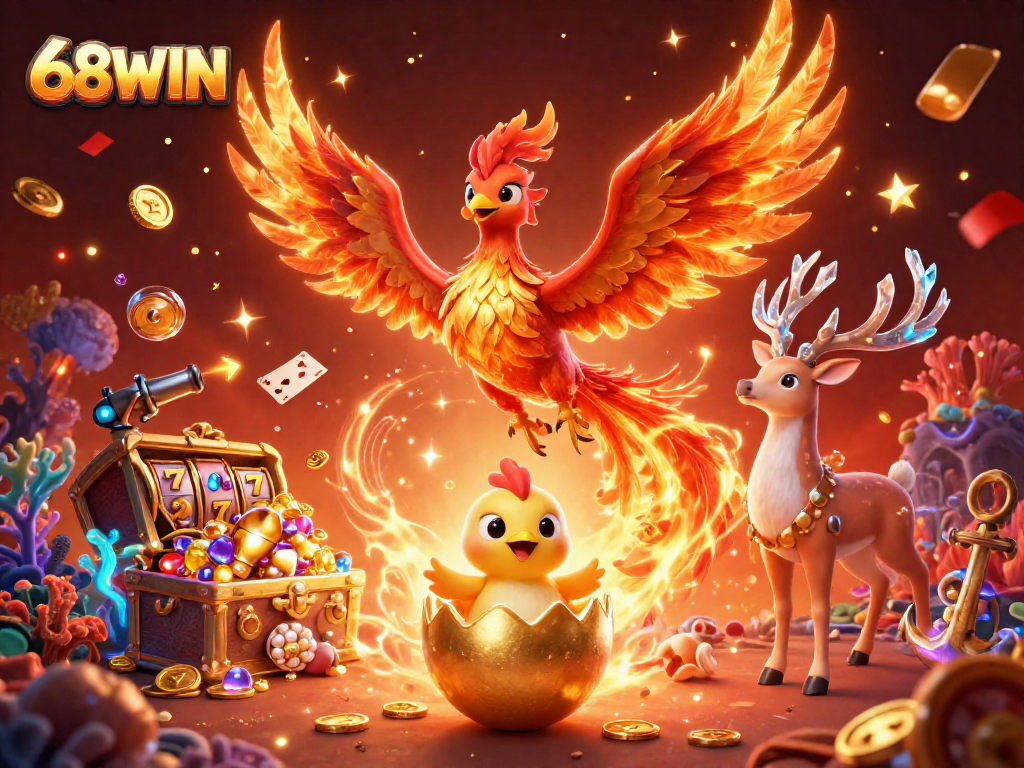 Capture the excitement of 68WIN with a vibrant illustration of gaming elements and mythical characters.