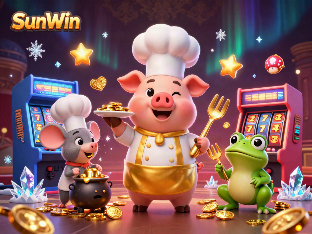 SunWin game chef pig serves gold coins amidst vibrant casino elements for an exciting gaming experience.