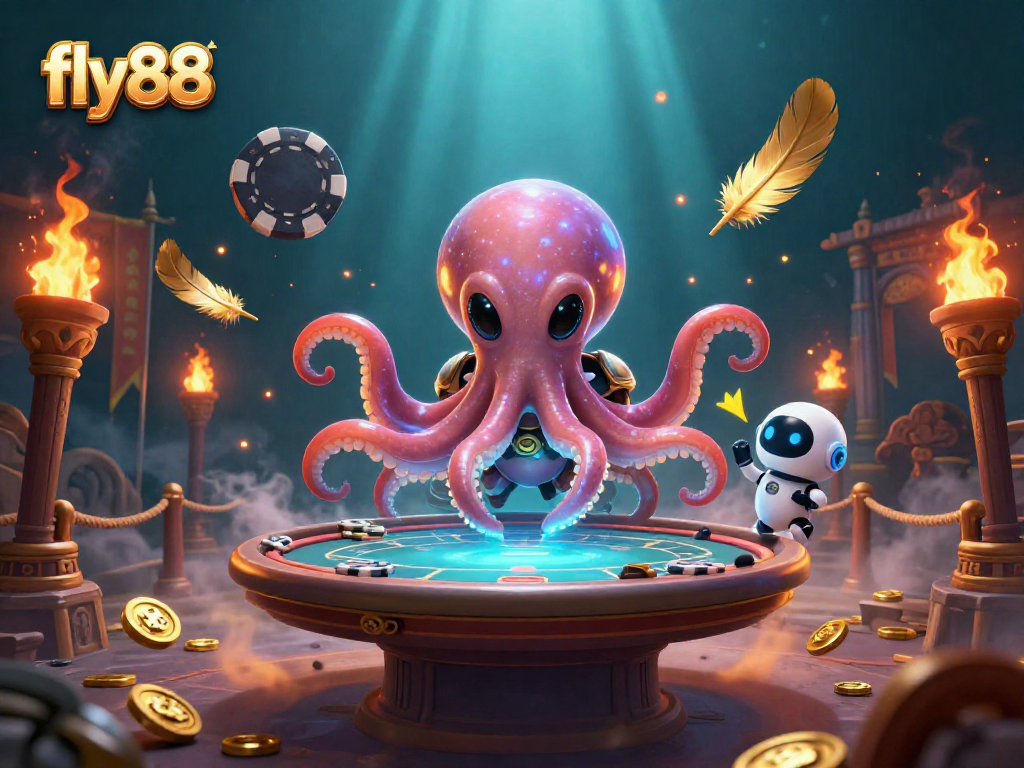 Engage in thrilling gameplay with Fly88, featuring a cartoon alien octopus at a vibrant poker table.
