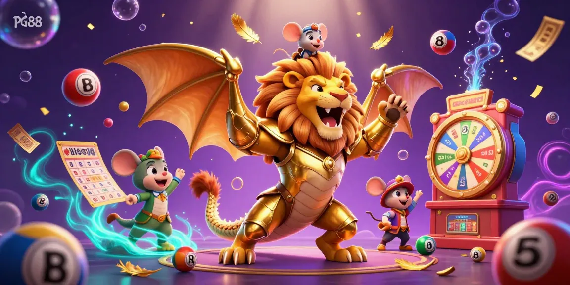 Engage with PG88's exciting gaming world featuring vibrant lottery elements and a majestic chimera.